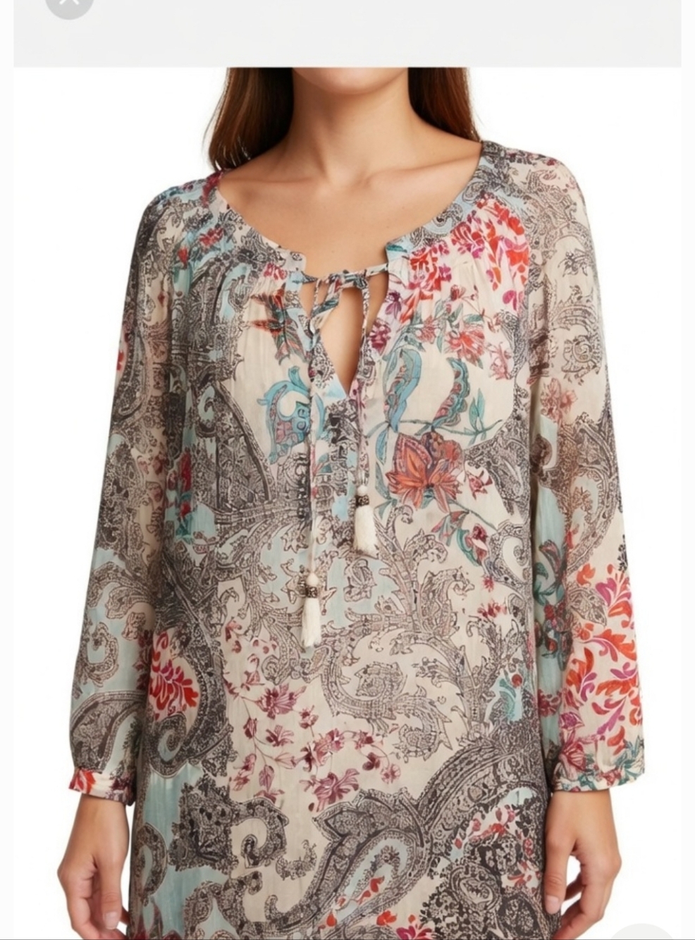 Daniel Rainn Cream Paisley Sheer Tunic with Teal & Coral Accents 1x Euc